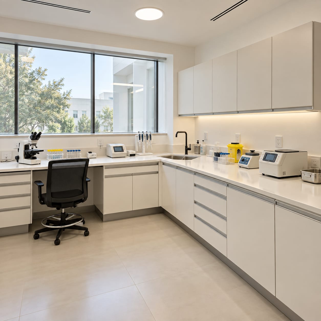Laboratory furniture with white cabinets and worktops