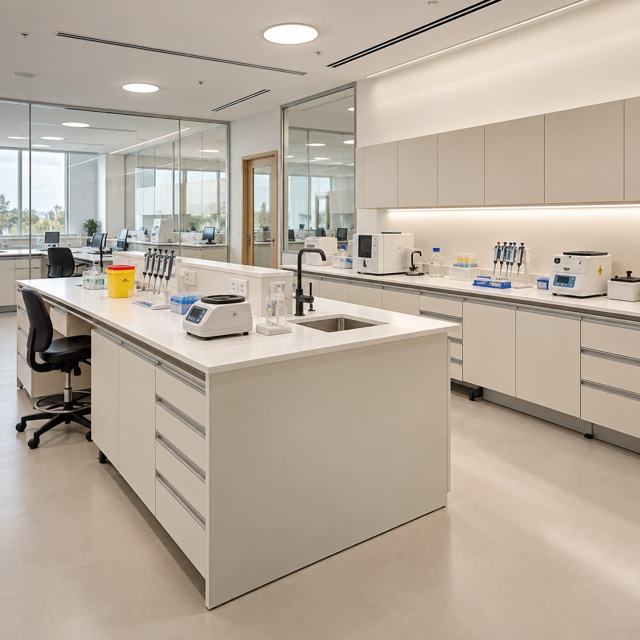 Laboratory benches and white storage cabinets in a working laboratory