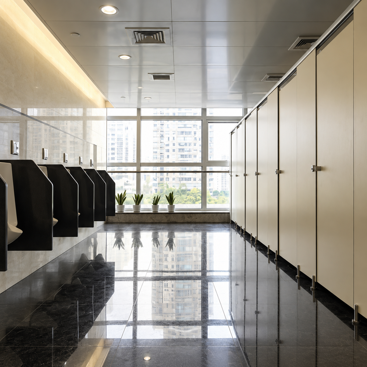 Light-coloured HPL toilet cubicle partitions